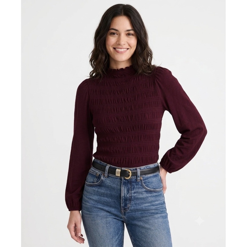Madewell Shirt Medium Smocked Boatneck Top Wine Burgundy Puff Sleeve NY504